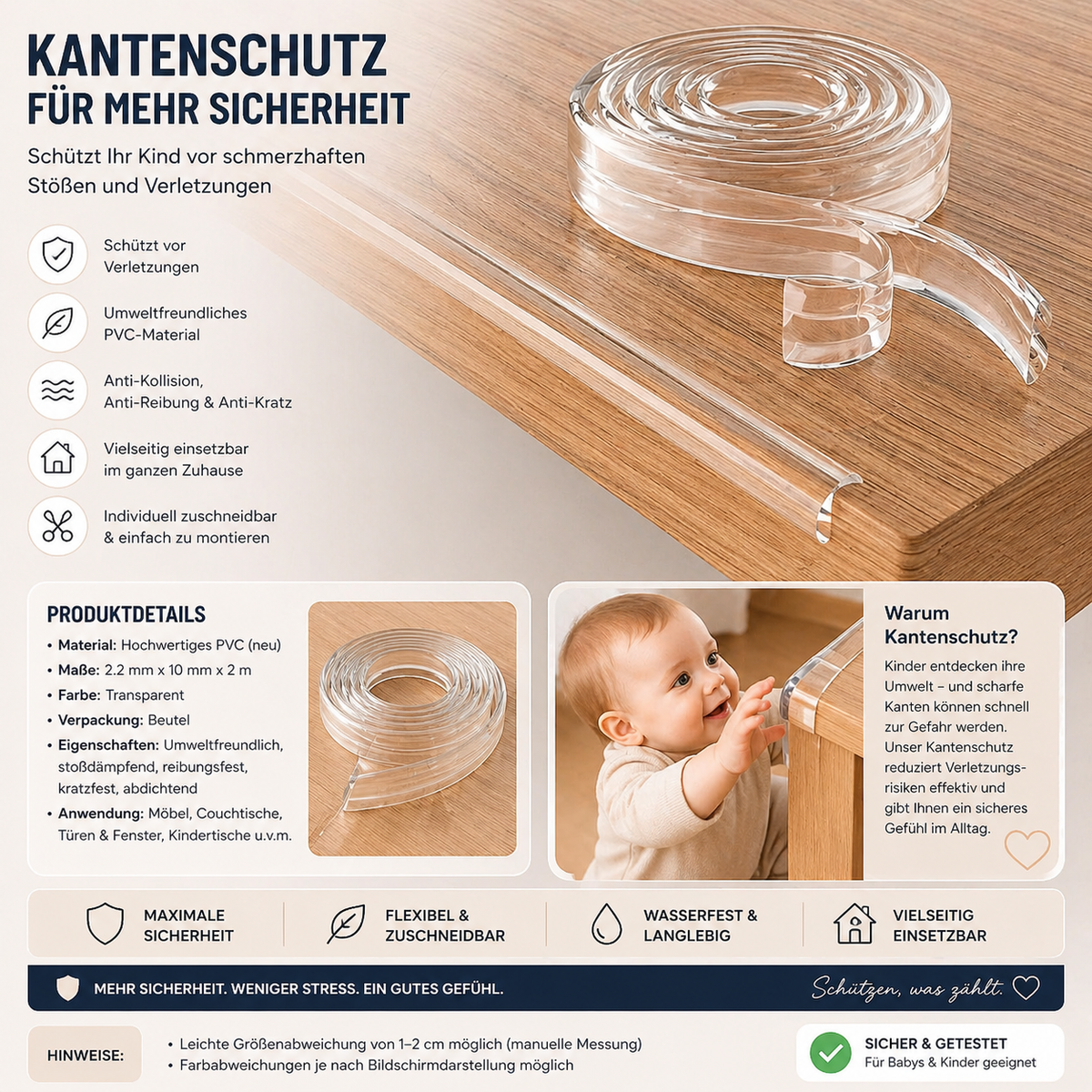Kantenschutz Baby Tisch 2m – Transparenter Tischkantenschutz PVC | Klein & Sicher